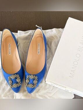 Manolo Blahnik Cobalt Blue Satin Pointed Flats with Crystal Buckle